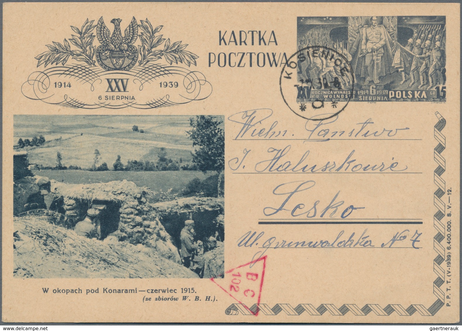 Polen - Ganzsachen: 1939, 15 Gr, Picture Stationery Card Posted From "KOSENICE 7. IX. 39" To Lesko B - Stamped Stationery