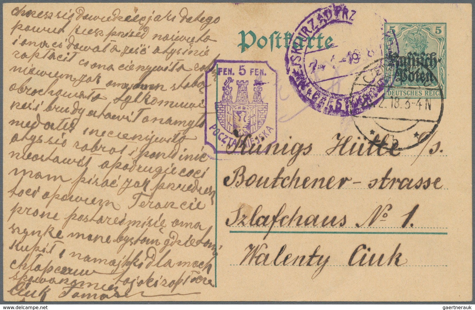 Polen - Besonderheiten: 1918, December, Stationery Envelope German Occ. 5pfg. Green, Used "CZENSTOCH - Andere & Zonder Classificatie