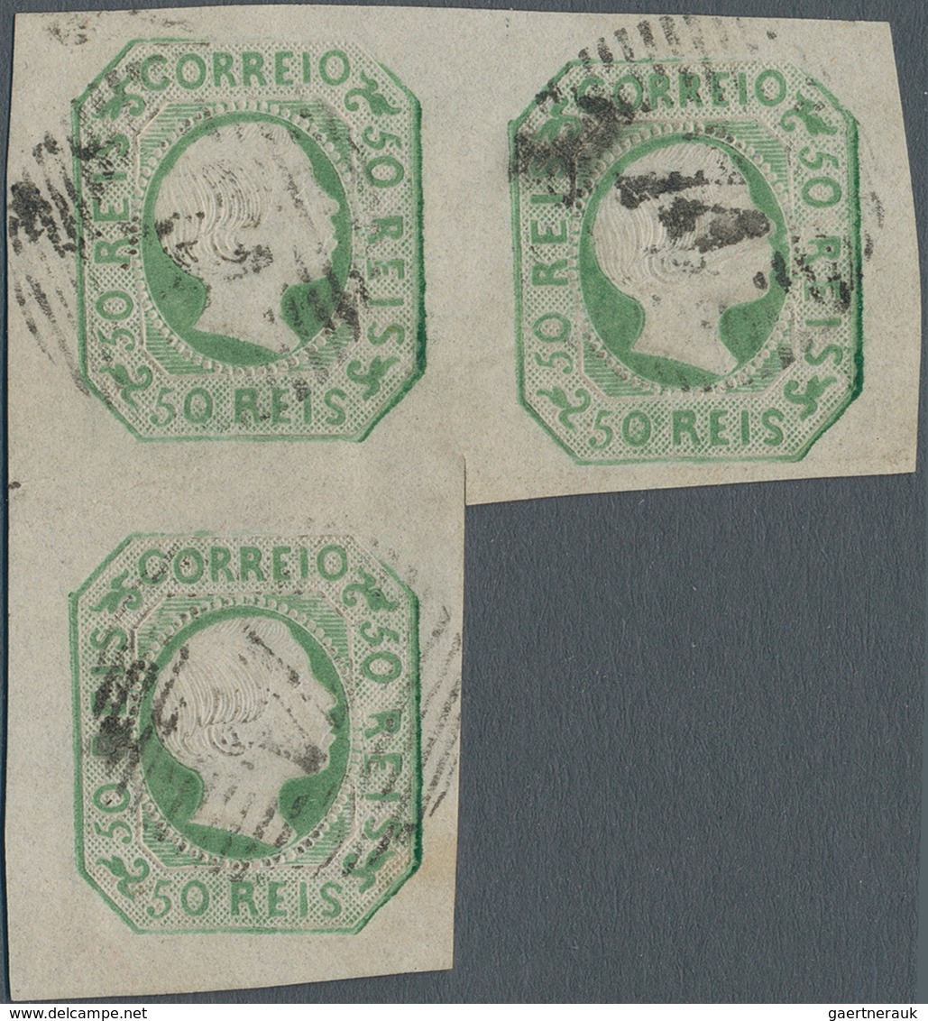 Portugal: 1855, Pedro 50r. Bluish Green, Used Block Of Three, Slight Imperfections. - Other & Unclassified