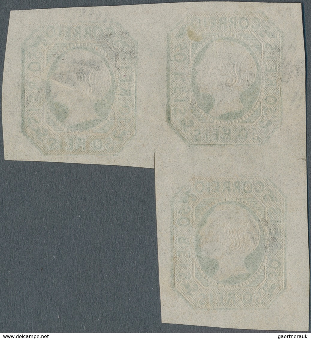 Portugal: 1855, Pedro 50r. Bluish Green, Used Block Of Three, Slight Imperfections. - Autres & Non Classés