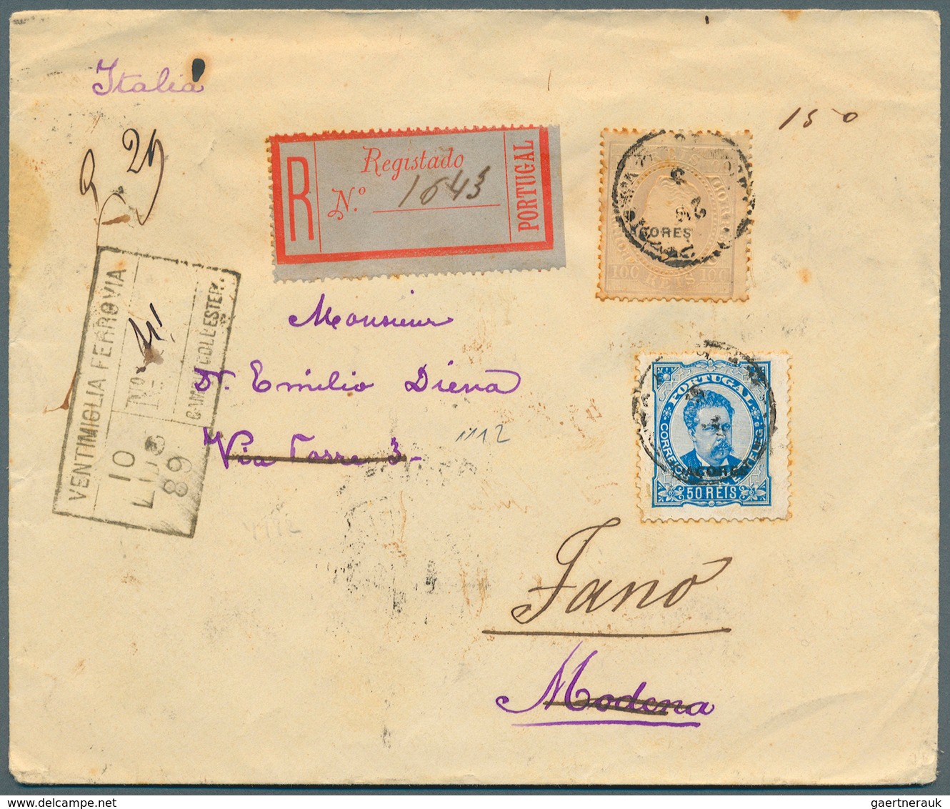 Portugal - Azoren: 1889, Registered Letter Aus Angra An Dr. Emilio Diena In Italien With 100 Reis "o - Azoren