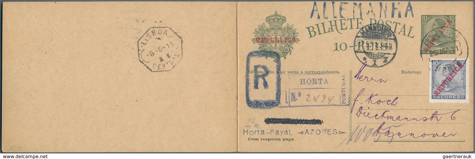 Portugal - Azoren: 1911, 10 R + 10 R Olive Green "REPUBLICA" Postal Stationery Reply Card, Uprated W - Açores