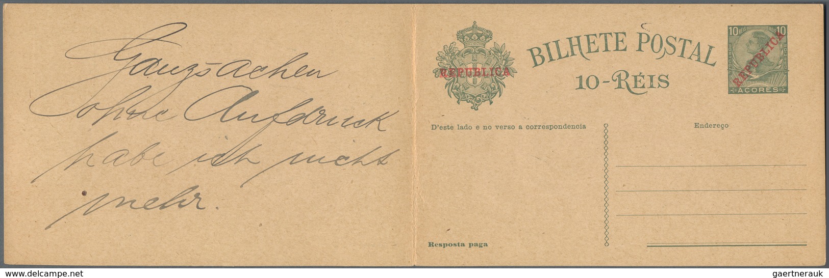 Portugal - Azoren: 1911, 10 R + 10 R Olive Green "REPUBLICA" Postal Stationery Reply Card, Uprated W - Azoren