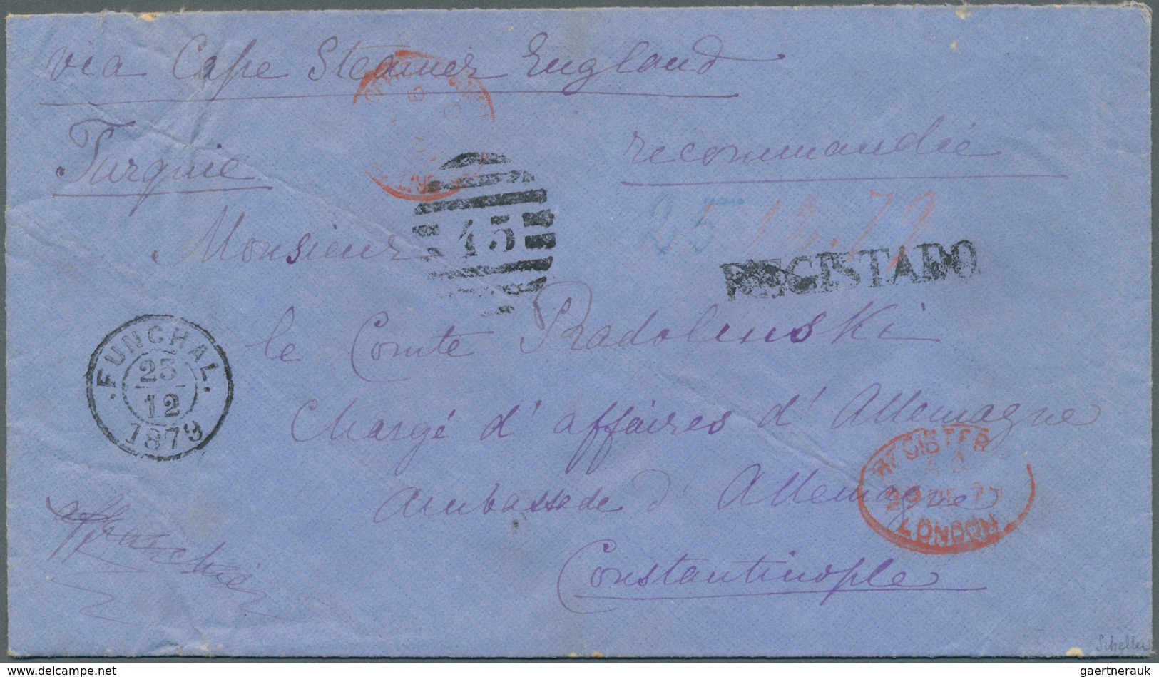 Portugal - Madeira: 1879 (25.12.), King Luis 50r. Blue Optd. MADEIRA Three Singles On Reverse Of Cov - Madeira