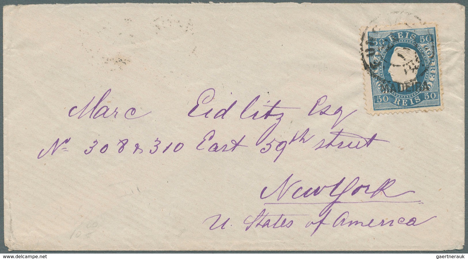 Portugal - Madeira: 1880, 50 C. Überdruck Auf Pracht-Brief Von Funchal Via London Nach New York, Rüc - Madeira