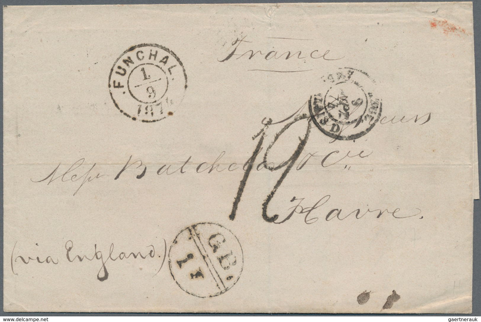 Portugal - Madeira - Funchal: 1874, Folded Letter From FUNCHAL Via England To Le Havre. Showing Brit - Funchal