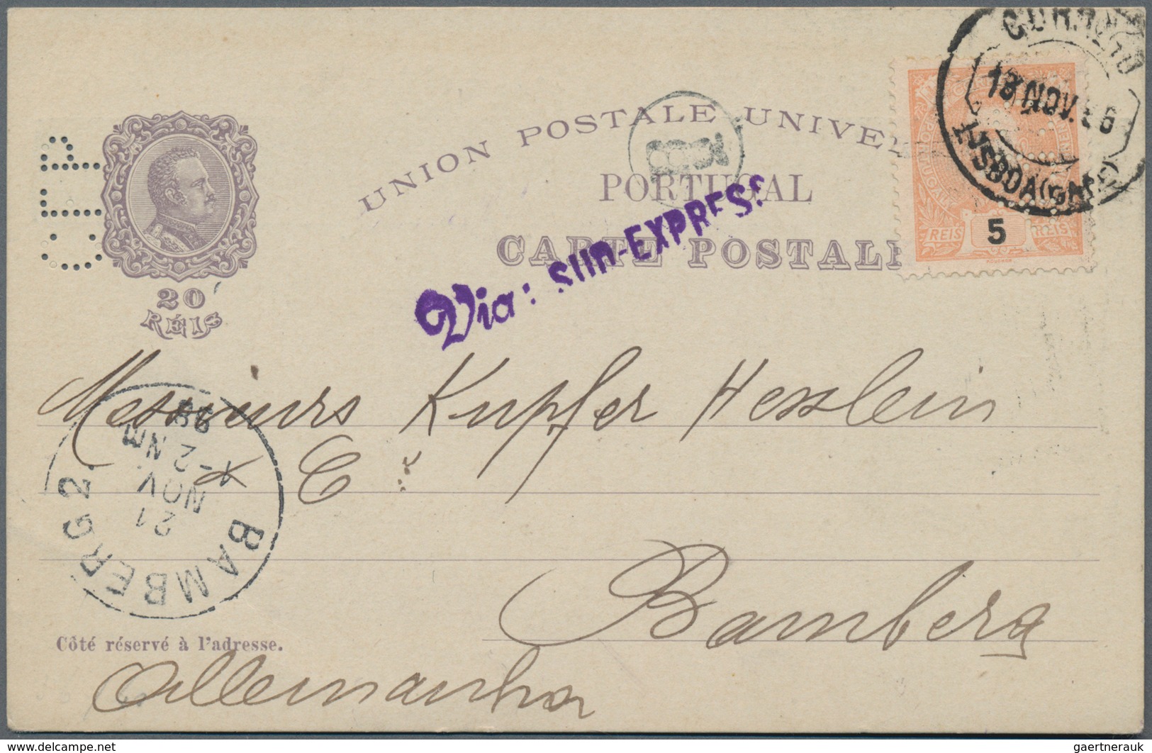 Portugal - Ganzsachen: 1898, 20 R Violet "Vasco Da Gama" Postal Stationery Card With Perfin "C F P" - Postal Stationery