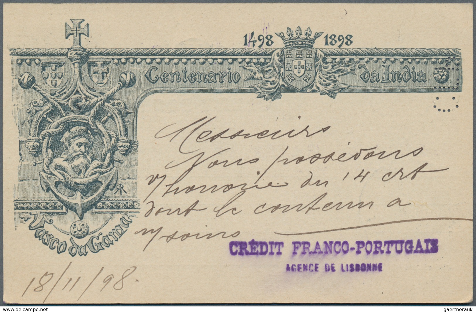 Portugal - Ganzsachen: 1898, 20 R Violet "Vasco Da Gama" Postal Stationery Card With Perfin "C F P" - Enteros Postales