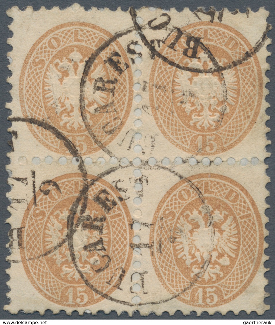 Rumänien: 1864, Austrian P.O. Levant: Lombardy-Venetia Precursor 15 So Brown, Used Block Of 4 With C - Andere & Zonder Classificatie
