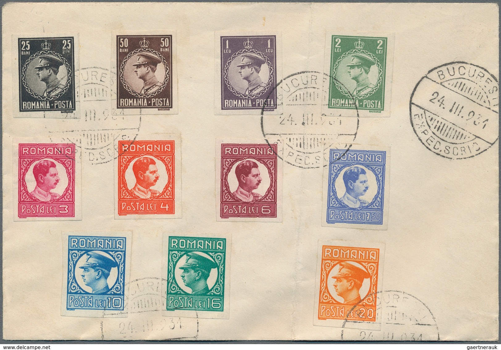Rumänien: 1930, Definitives Carol II., 25b.-20l., Complete Set IMPERFORATE On Envelope (vertical Fol - Andere & Zonder Classificatie