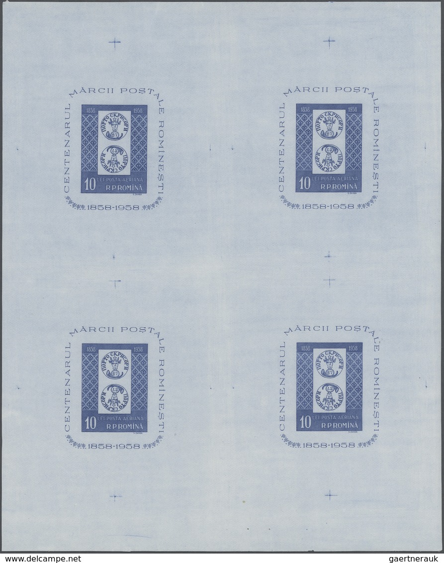 Rumänien: 1958. BF 10l Bleu Centenaire Du Timbre. Feuille De 4 Blocs Non Dentelés. Non Répertorié. ( - Other & Unclassified