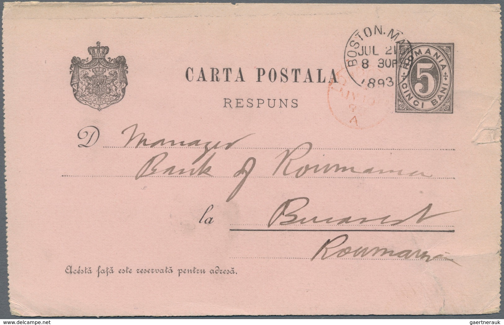 Rumänien - Ganzsachen: 1893, 5 Bani Black Postal Stationery Card Tied By Circle Cancel "BOSTON.MASS. - Postwaardestukken