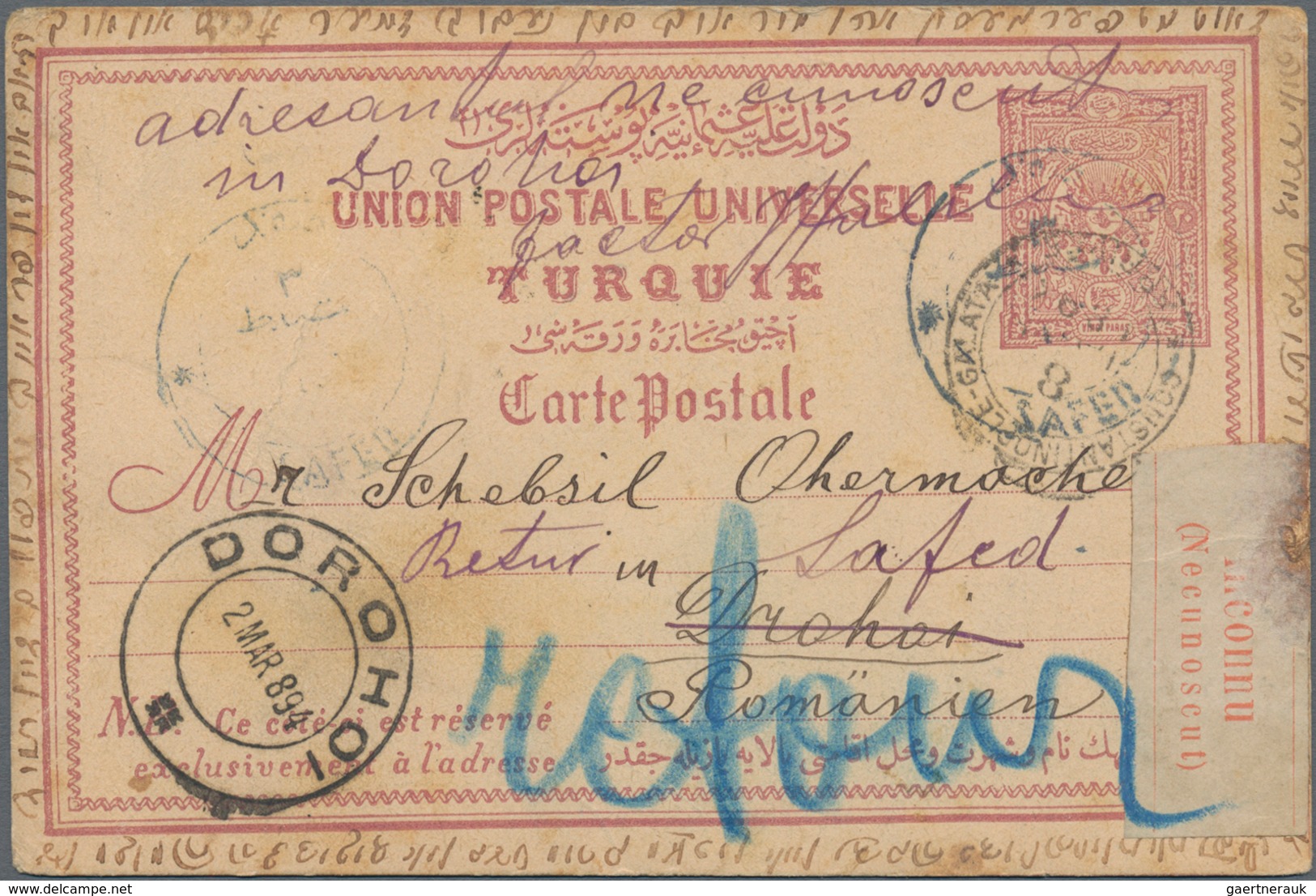 Rumänien - Stempel: 1894, Turkey 20 Para Postal Stationery Card Tied By Blue "SAFED" Cds., To "DOROH - Marcofilie