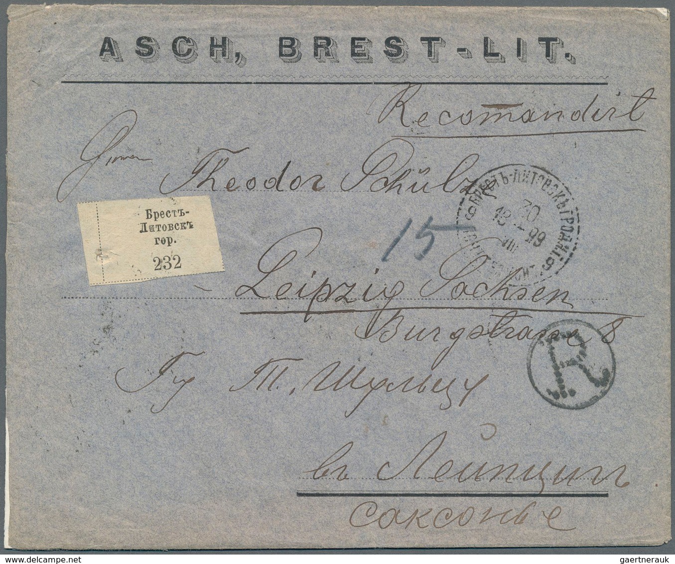Russland: 1899 Registered Cover With White Registration Label From Brest-Litovsk (Belarus) To Leipzi - Cartas & Documentos