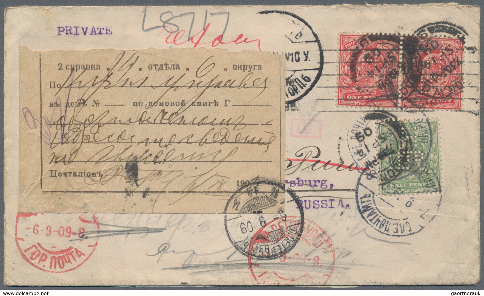 Russland: 1909 Incoming Mail, Letter From London With Perfin Franking To St. Petersburg, Then Forwar - Covers & Documents