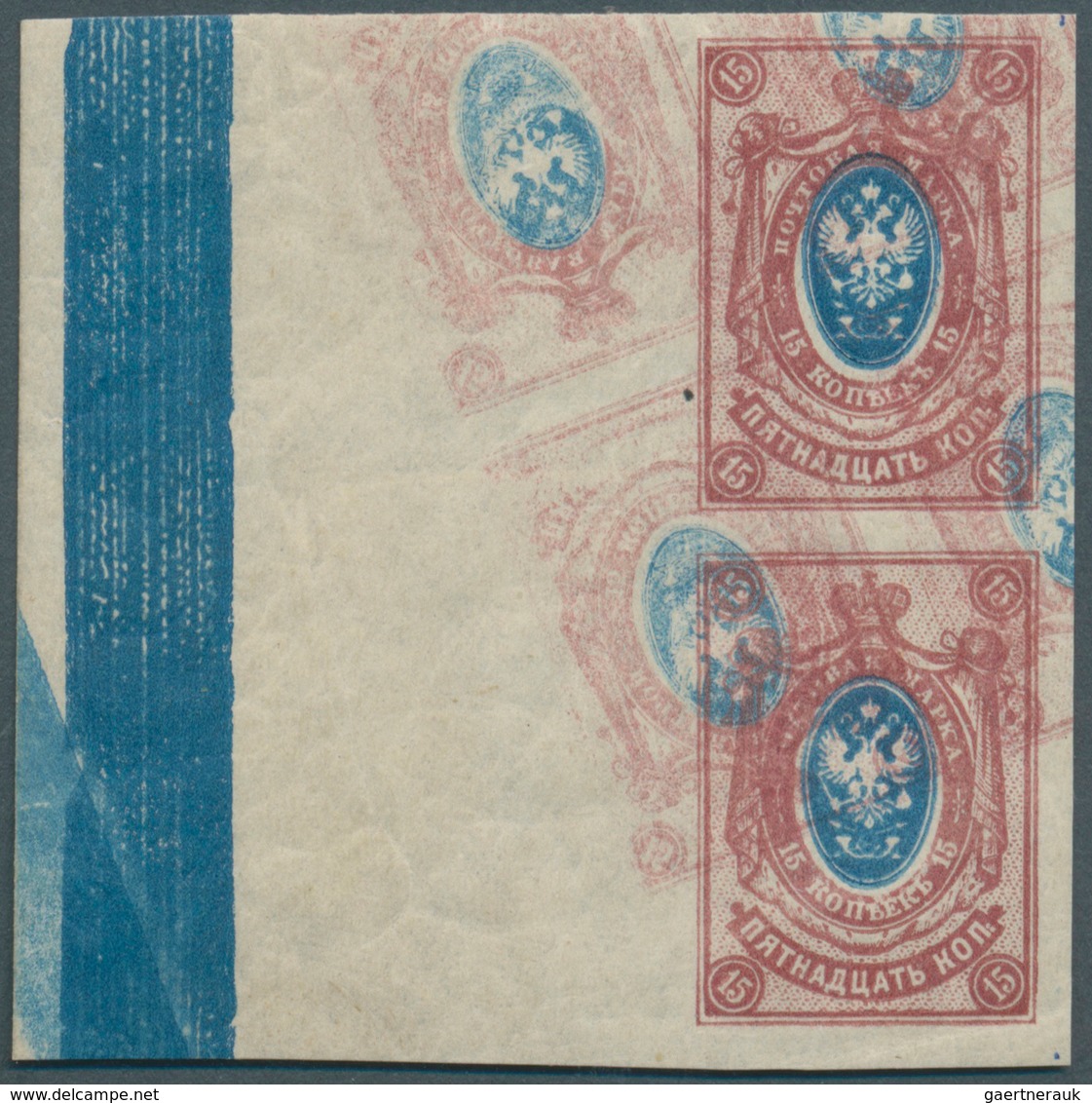 Russland: 1908, 15kop. Purple/blue, Left Marginal Pair With Additional Multiple Diagonal-inverted Im - Brieven En Documenten