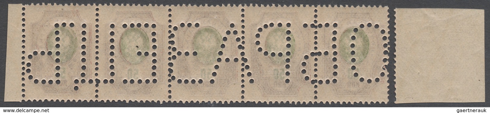 Russland: 1908, 50 K Brown Lilac/green Stripe Of Five With Letter Perforation ("specimen"). - Cartas & Documentos