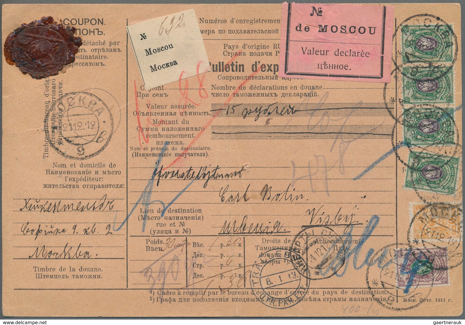 Russland: 1913 Accompanying Card For A Valued Parcel From Moscow Via Kibarty, Eydtkuhnen And Trelleb - Cartas & Documentos