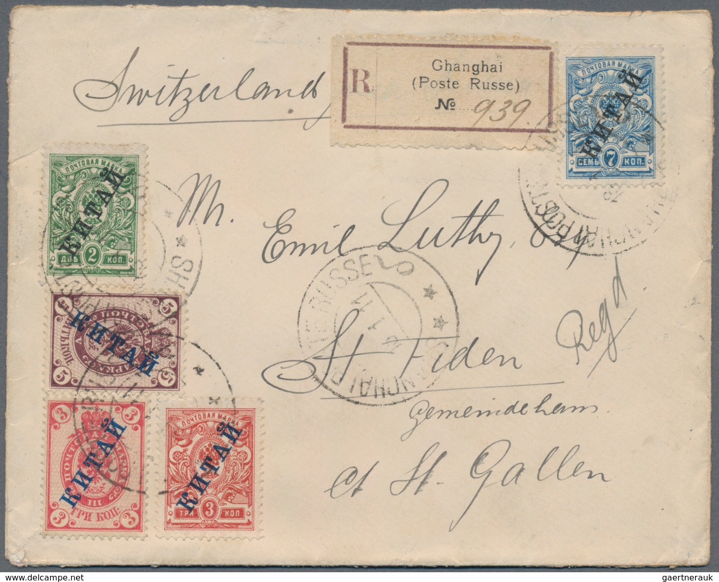 Russische Post In China: 1911, 20c. Rate On Registered Cover From "SHANGHAI 18.1.11" To St.Fiden/Swi - China