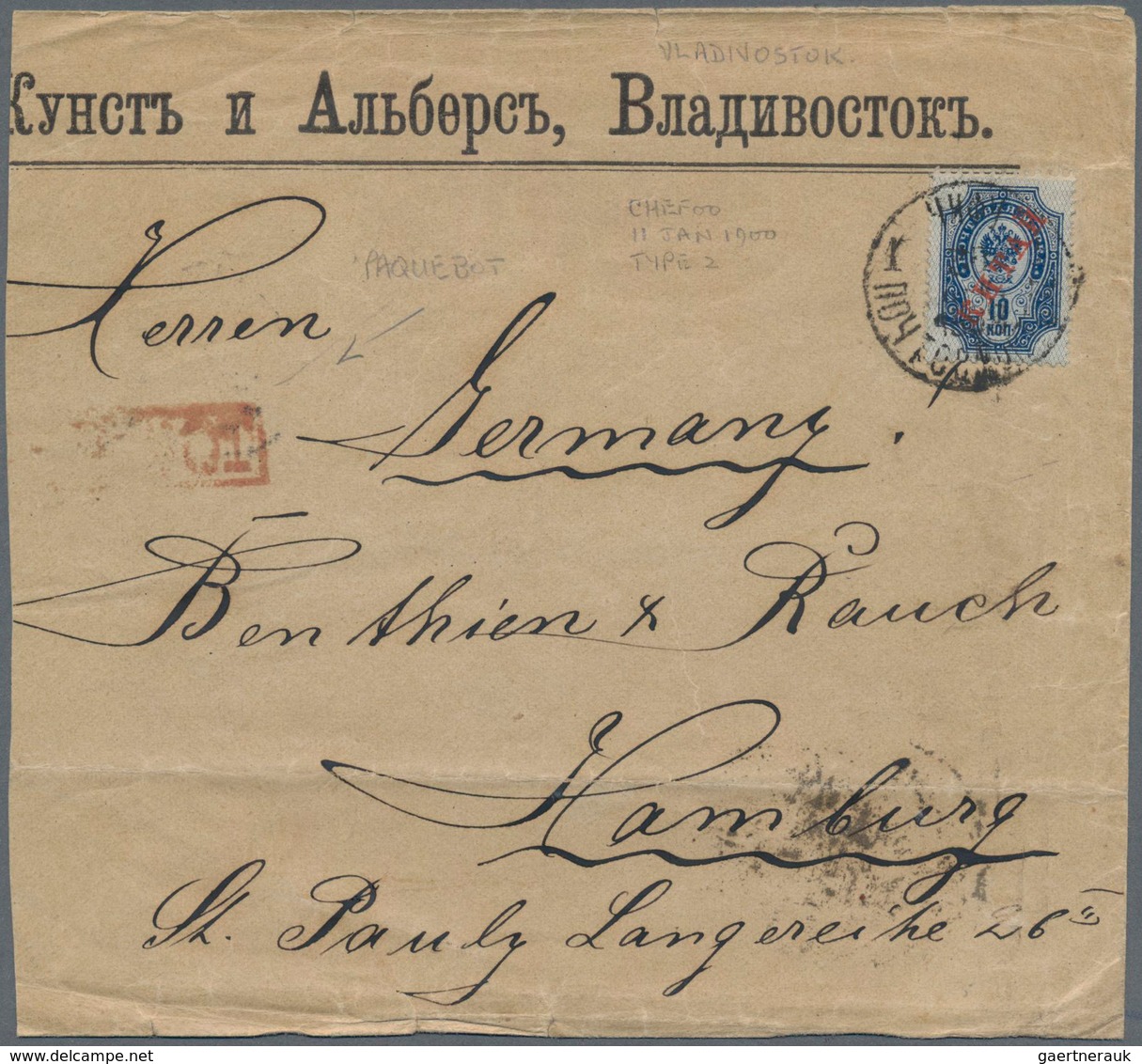 Russische Post In China: 1899, 10 K. Tied Small Type "INKOU11 I 1900" To Envelope With Red Boxed "PA - China