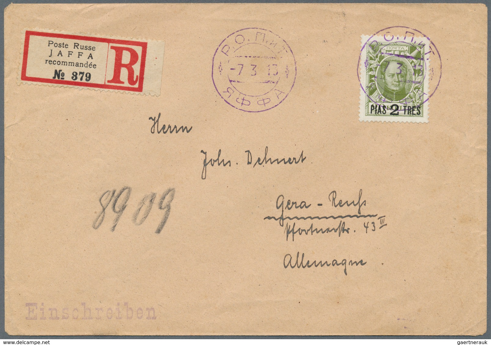 Russische Post In Der Levante - Staatspost: 1913, 2 Pia./20 K. Tied Violet "ROPIT JAFFA -7 3 13" To - Turkish Empire