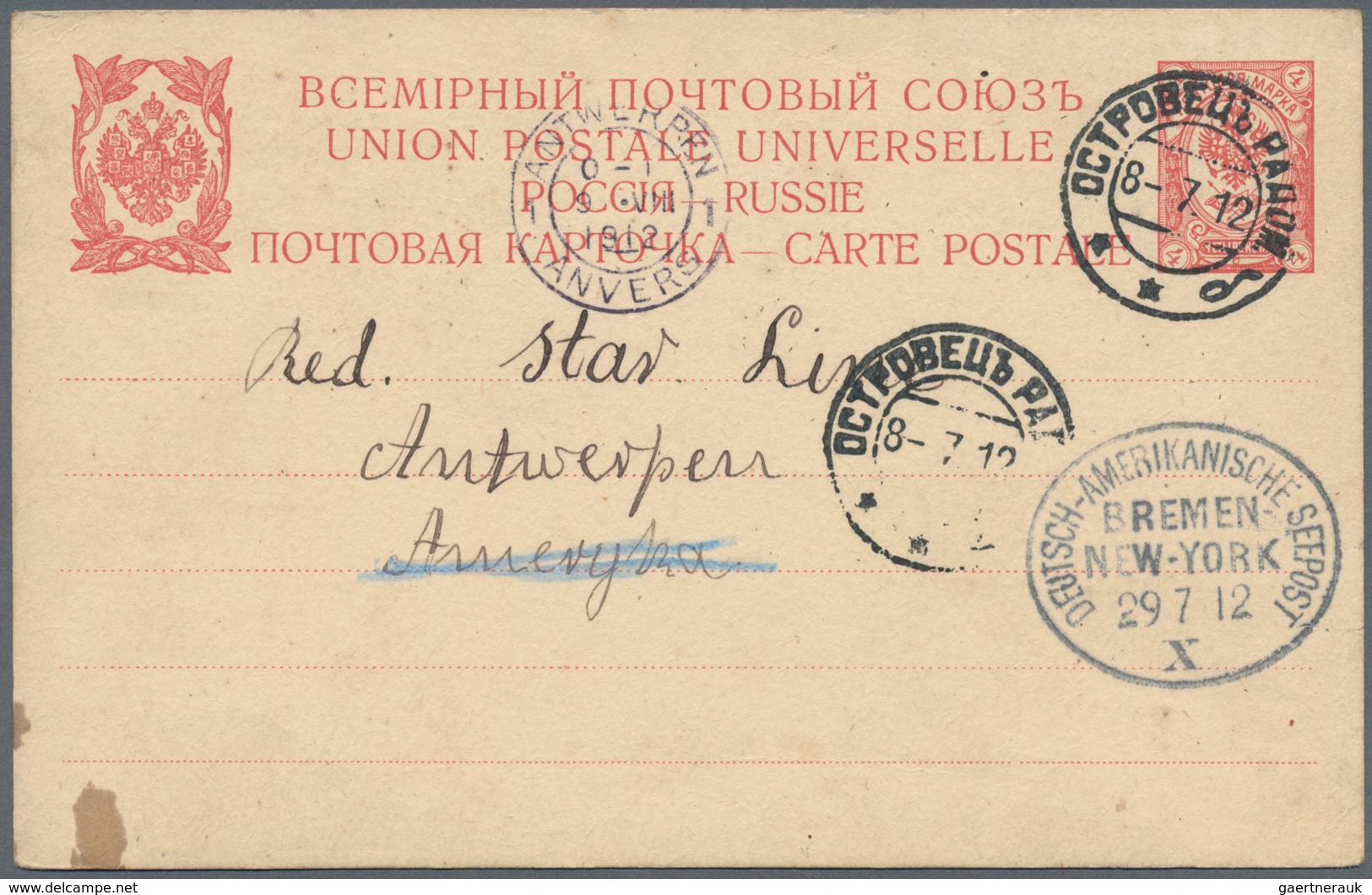 Russland - Ganzsachen: 1912 Postal Stationery Card From Ostrowicz Poland Missent With German Shipmai - Postwaardestukken