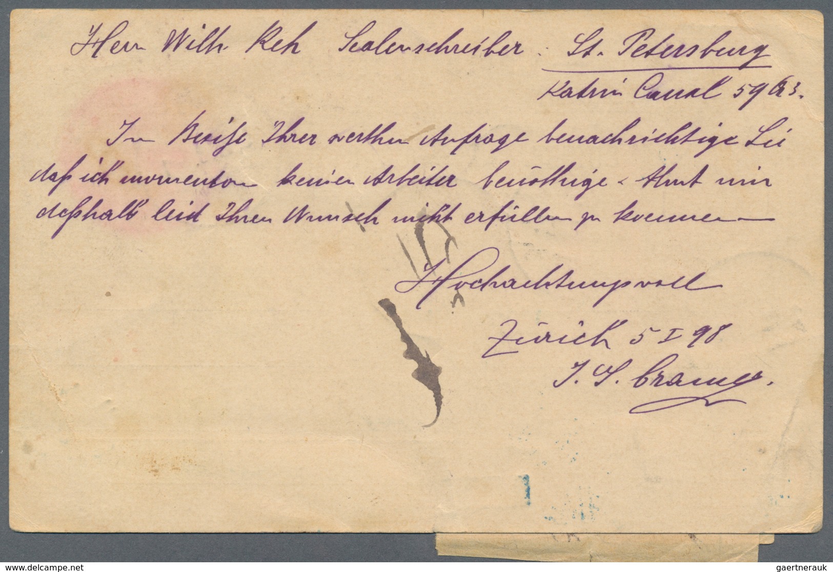 Russland - Besonderheiten: 1898 Incoming Mail Postal Stationery Card From Zurich To St. Petersburg W - Andere & Zonder Classificatie