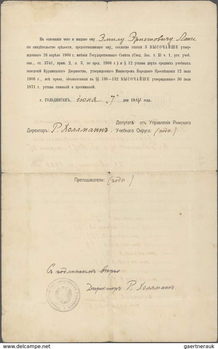 Russland - Besonderheiten: 1914 Copy Of A School Leaving Certificate Of A German In Riga (Livonia) I - Sonstige & Ohne Zuordnung