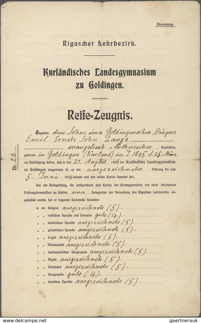 Russland - Besonderheiten: 1914 Copy Of A School Leaving Certificate Of A German In Riga (Livonia) I - Sonstige & Ohne Zuordnung