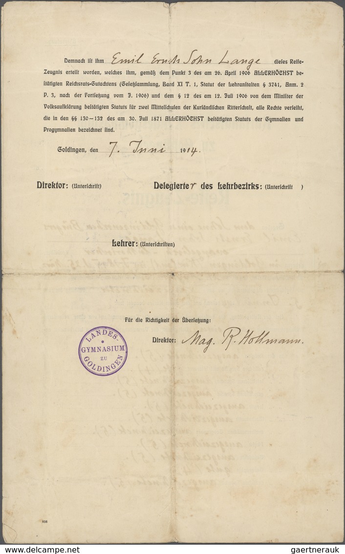 Russland - Besonderheiten: 1914 Copy Of A School Leaving Certificate Of A German In Riga (Livonia) I - Sonstige & Ohne Zuordnung