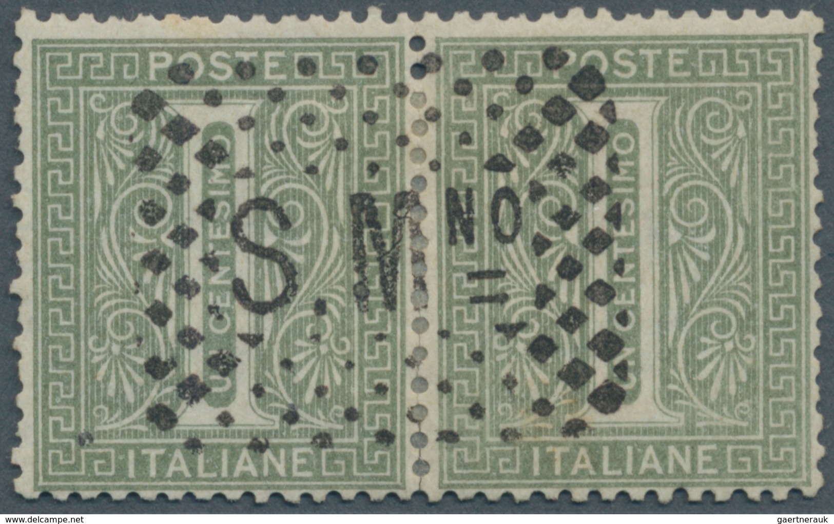 San Marino: FORERUNNER ITALY: 1863, 1 C Gray Olive Horizontal Pair Cancelled With Clear "S.Mno." In - Otros & Sin Clasificación