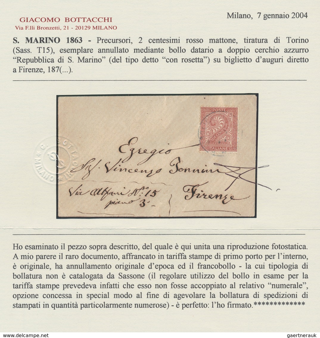 San Marino: 1863, "2 C. Brick Red, Turin Printing" Single Franking From Italy On A Small Letter With - Andere & Zonder Classificatie