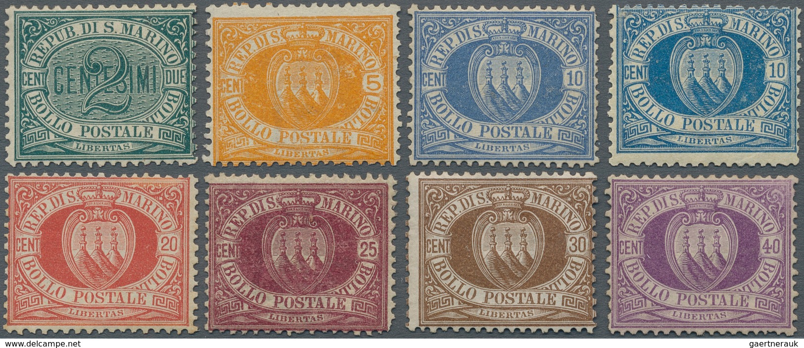 San Marino: 1877/1890, Coat Of Arms And Numeral Complete Set Of Eight Incl. 10c. Ultramarine And Blu - Otros & Sin Clasificación