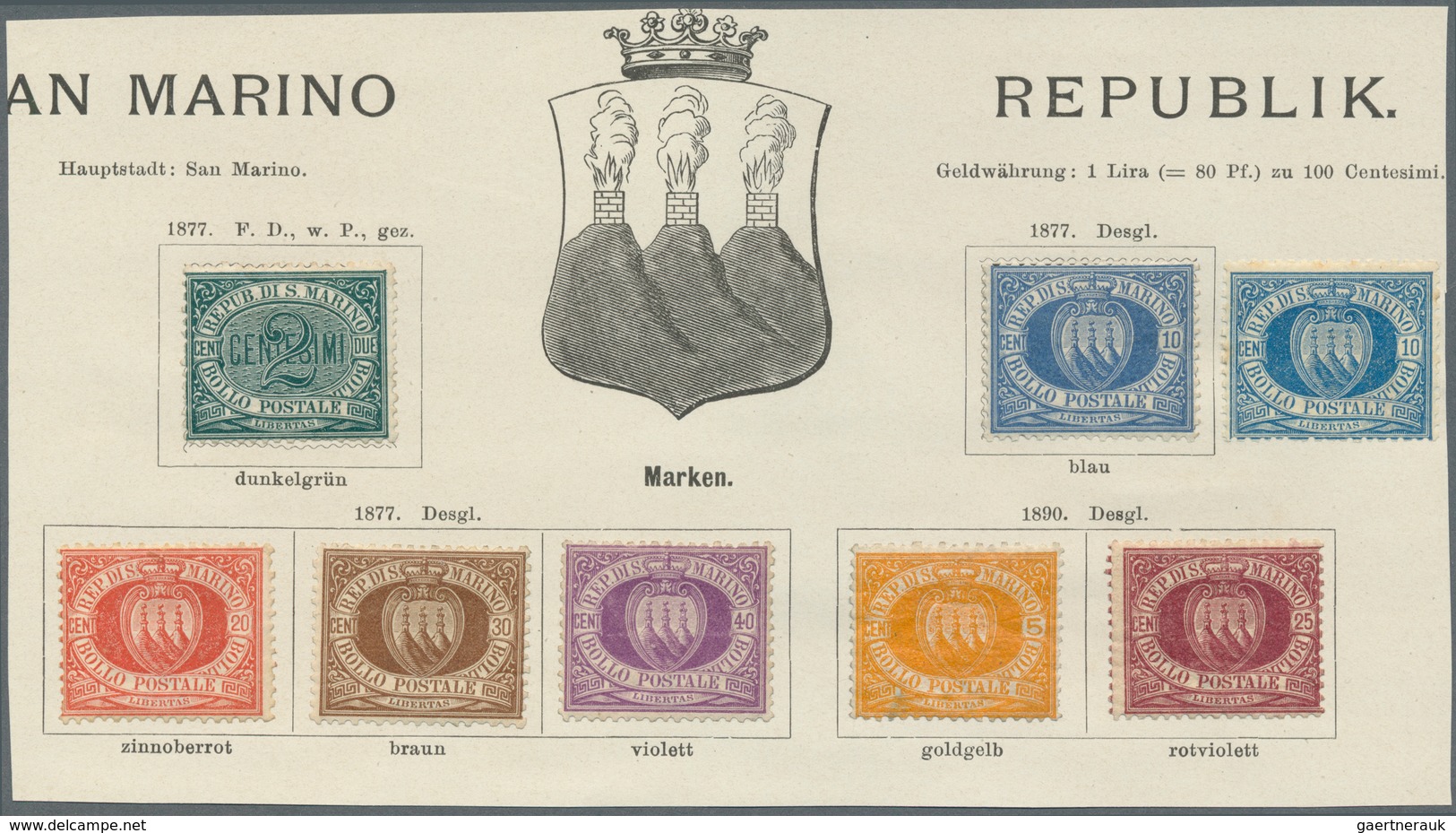 San Marino: 1877-1890, A Nice Set Of 8 Different Values, All Mint Lightly Hinged On Album-page. ÷ 18 - Other & Unclassified