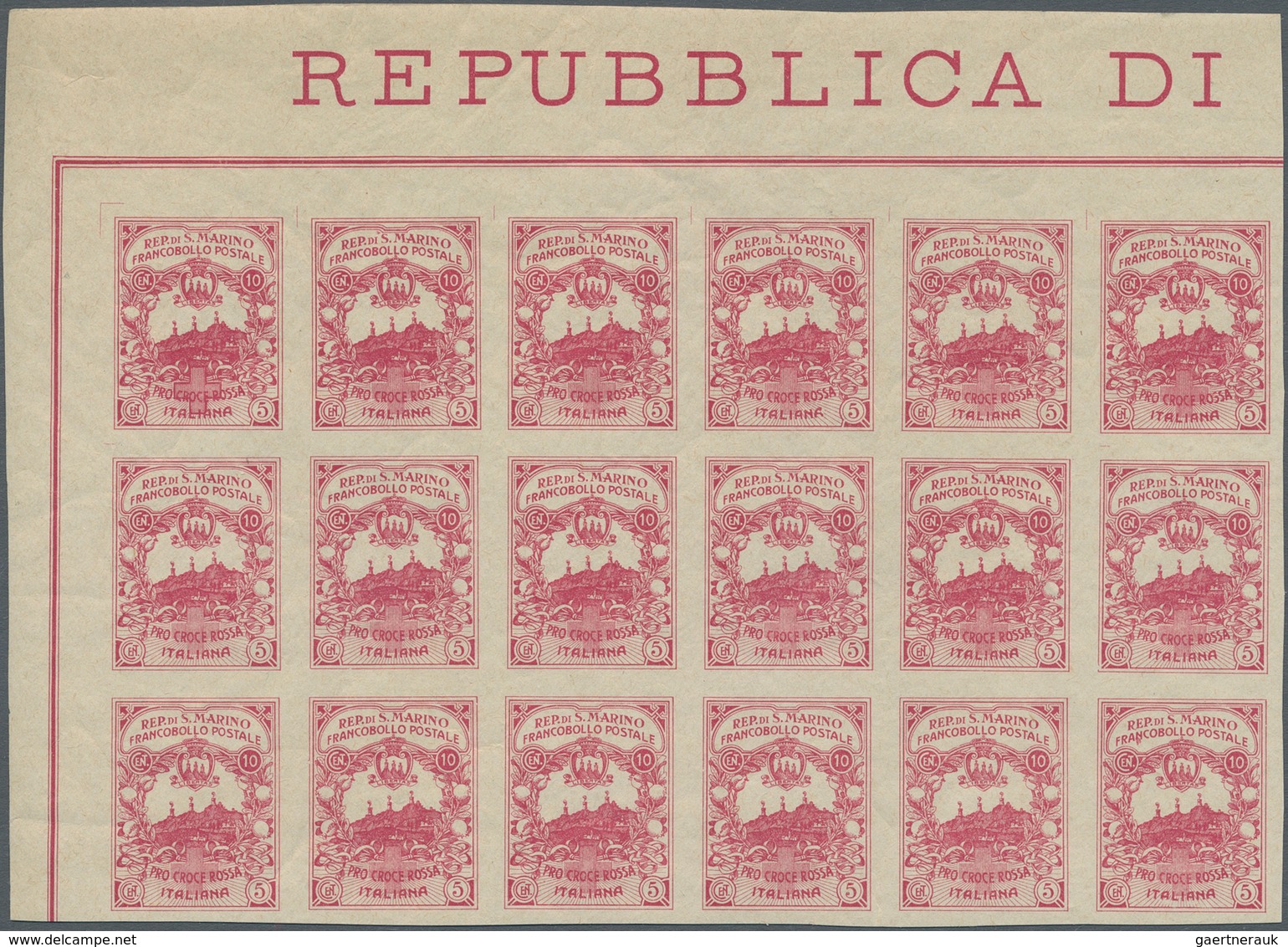 San Marino: 1916, Imperforate PROOF For UNISSUED RED CROSS Stamp 'Pro Croce Rossa' 10+5cent. Carmine - Andere & Zonder Classificatie