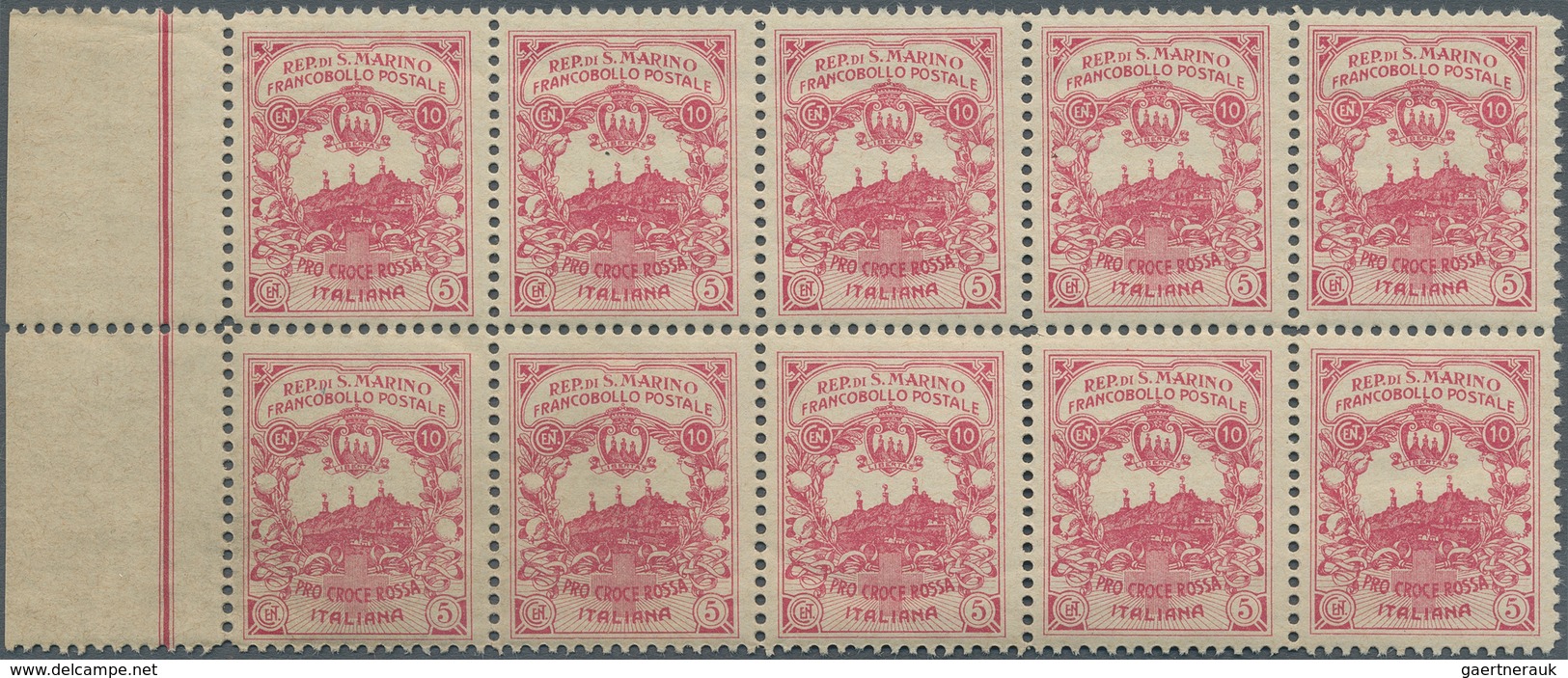 San Marino: 1916, UNISSUED RED CROSS Stamps 'Pro Croce Rossa' 10+5cent. Carmine And 20+5c. Orange Bo - Andere & Zonder Classificatie