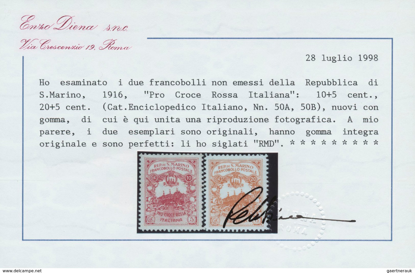 San Marino: 1916, UNISSUED RED CROSS Stamps 'Pro Croce Rossa' 10+5cent. Carmine And 20+5c. Orange Bo - Andere & Zonder Classificatie