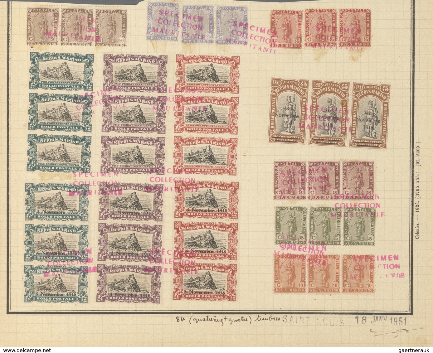 San Marino: 1918/1925 (ca). 40 Strips Of 3 On UPU Album Pages, Red Overprint "specimen Collection Ma - Andere & Zonder Classificatie