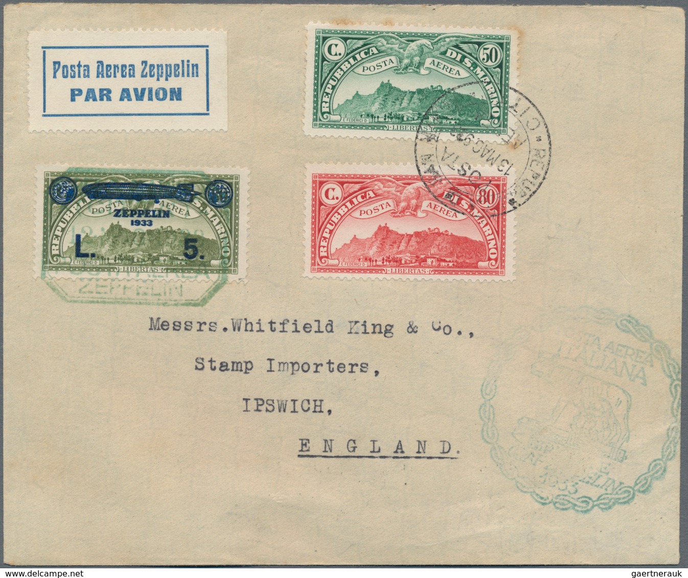 San Marino: 1933, 5 L Overprint On 80 C Olive Mixed Franking On ZEPPELIN-letter From San Marino City - Other & Unclassified