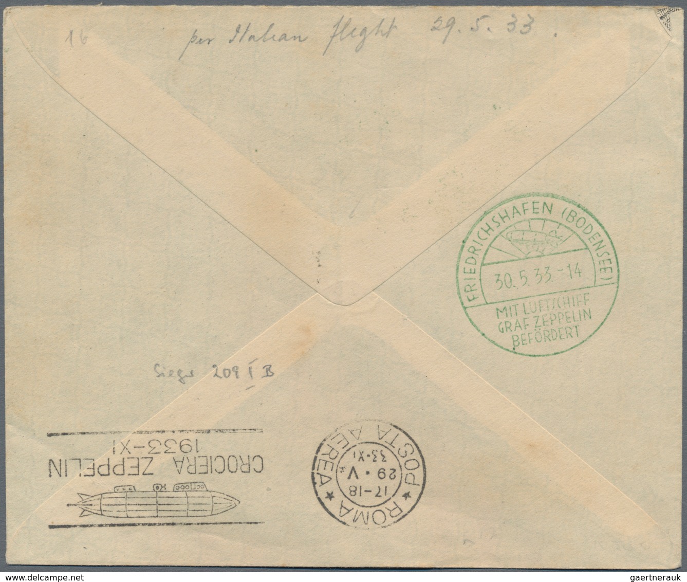 San Marino: 1933, 5 L Overprint On 80 C Olive Mixed Franking On ZEPPELIN-letter From San Marino City - Andere & Zonder Classificatie