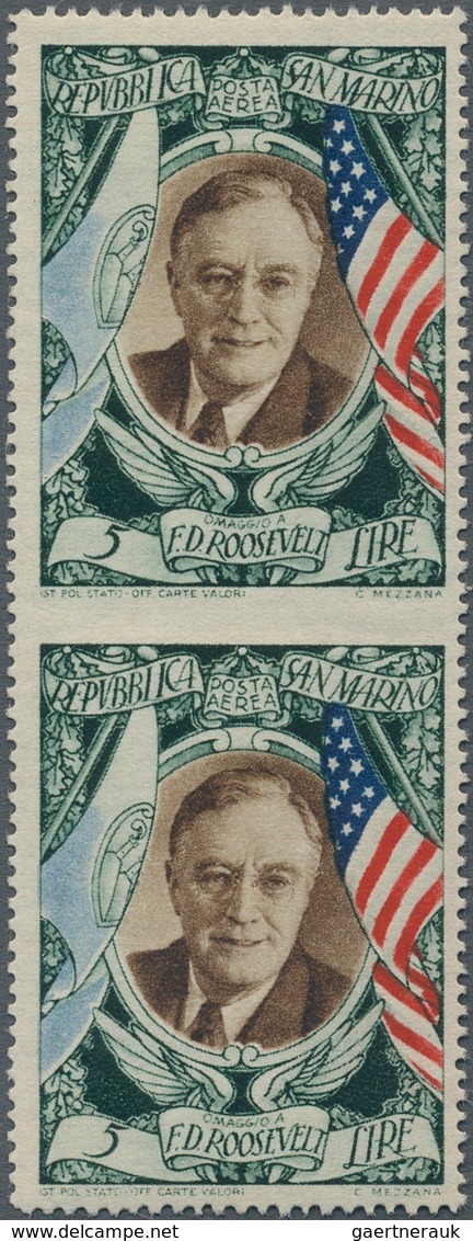 San Marino: 1947, Franklin D. Roosevelt 5l. Airmail Stamp Vertical Pair IMPERFORATE BETWEEN, Mint Ne - Other & Unclassified