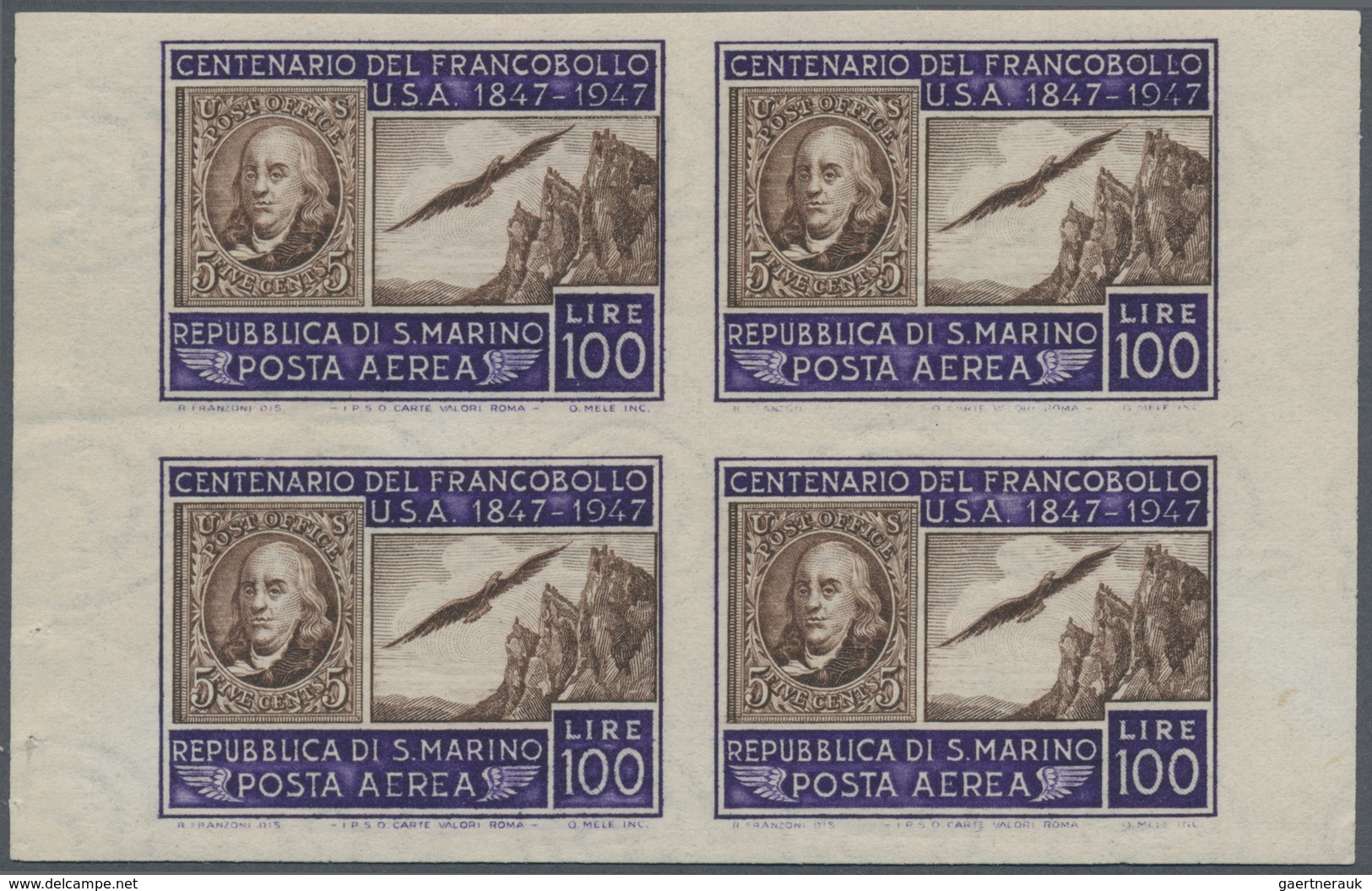 San Marino: 1947, 100 Years Stamps In USA Airmail Issue 100l. Violet/brown (eagle Over San Marino An - Other & Unclassified