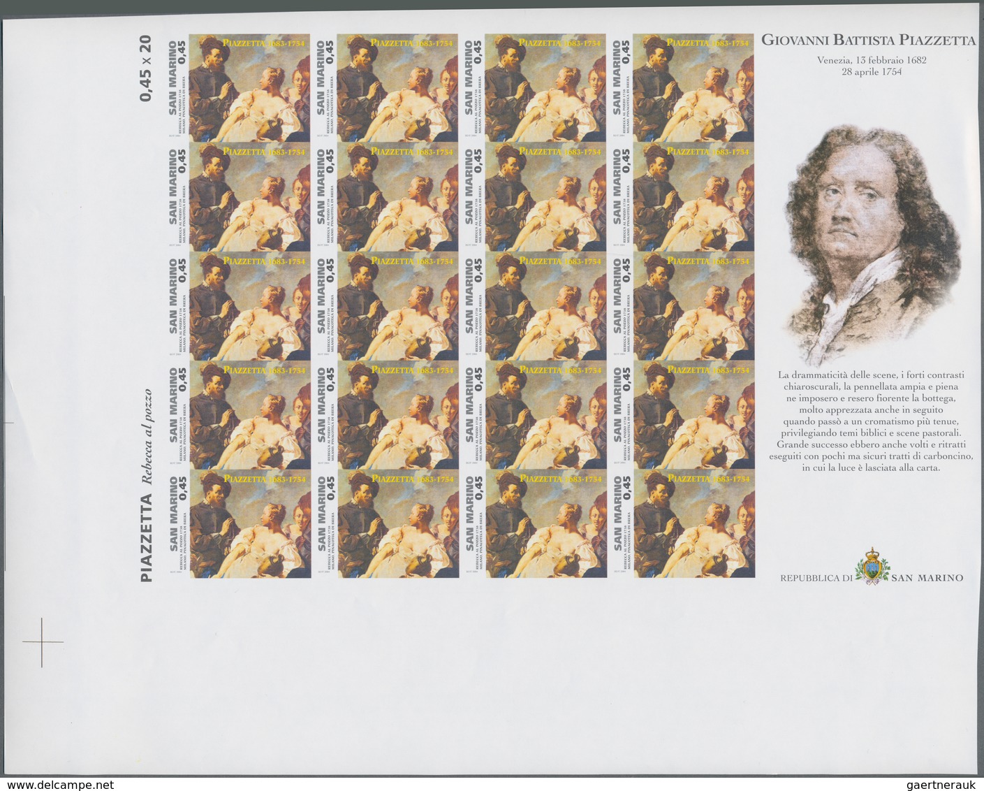 San Marino: 2004, Paintings, 0.45€ "Giovanni Battista", IMPERFORATE Proof Sheet Of 20 Stamps With Or - Other & Unclassified