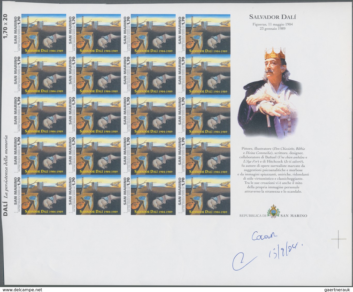 San Marino: 2004, Paintings, 1.70€ "Salvador Dali", IMPERFORATE Proof Sheet Of 20 Stamps With Orname - Otros & Sin Clasificación