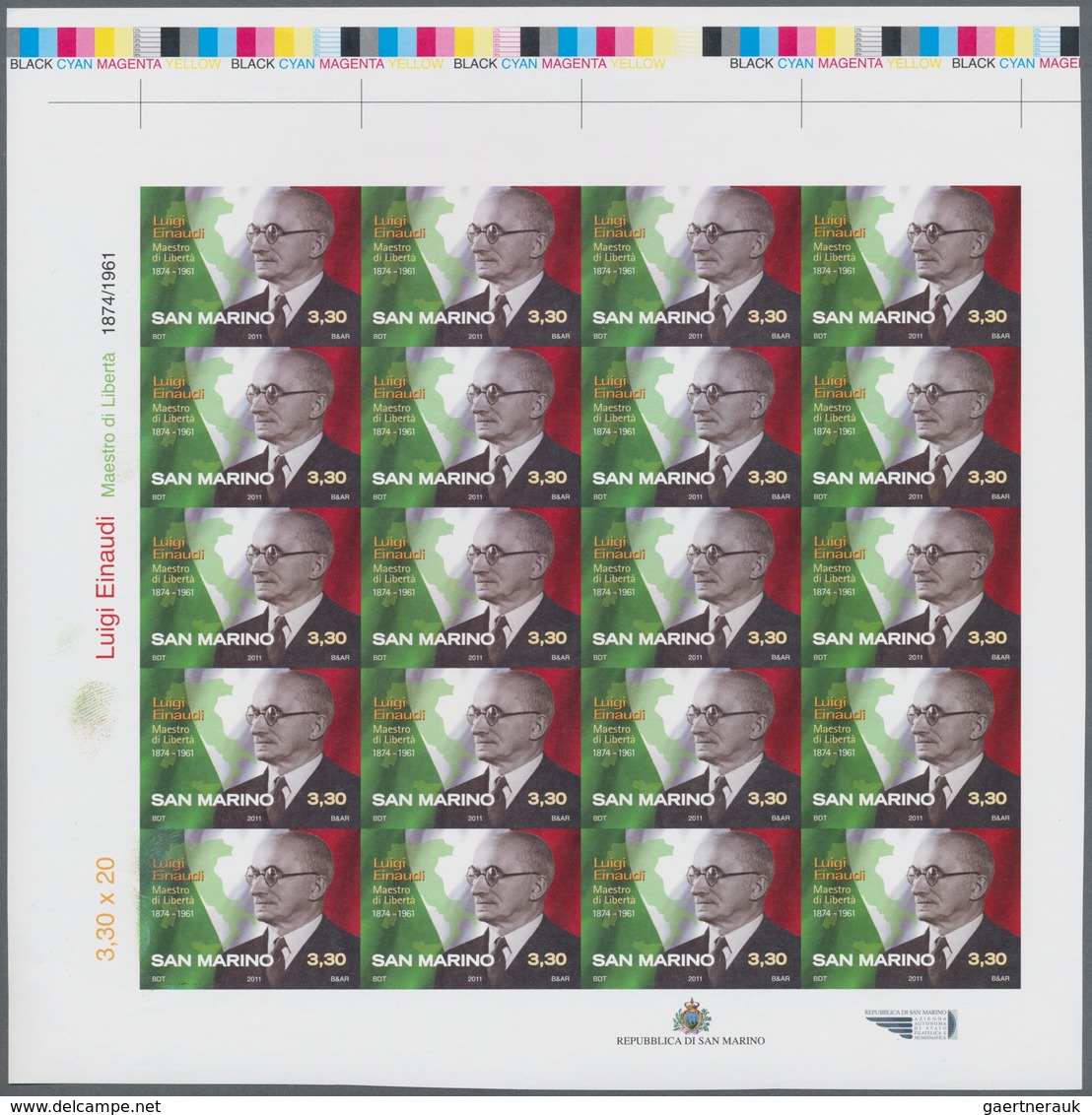 San Marino: 2011, 3.30€ "Luigi Einaudi", IMPERFORATE Proof Sheet Of 20 Stamps With Traffic Lights, M - Other & Unclassified