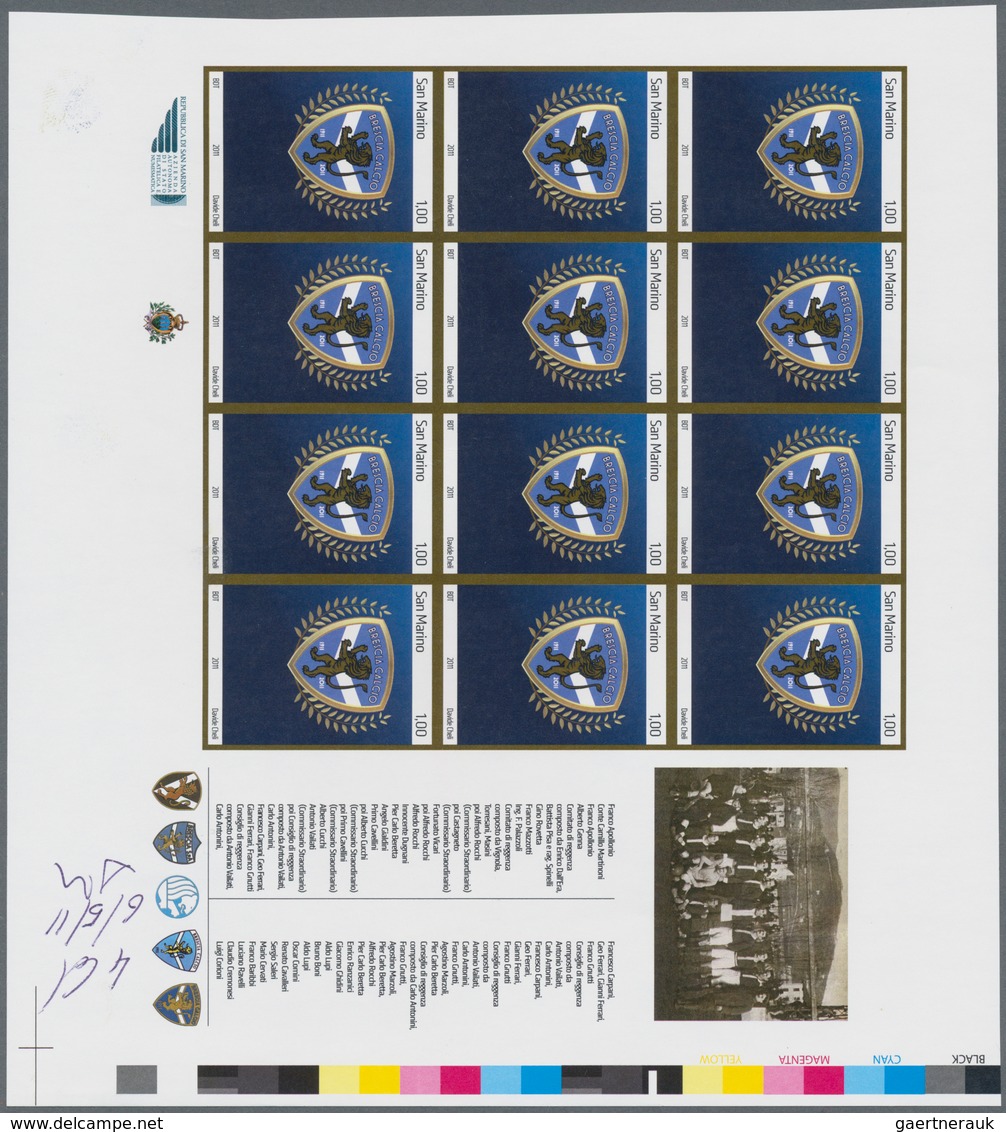 San Marino: 2011, 1.00€ "Football Club Brescia Calcio" Without Golden Inscription, IMPERFORATE Proof - Andere & Zonder Classificatie