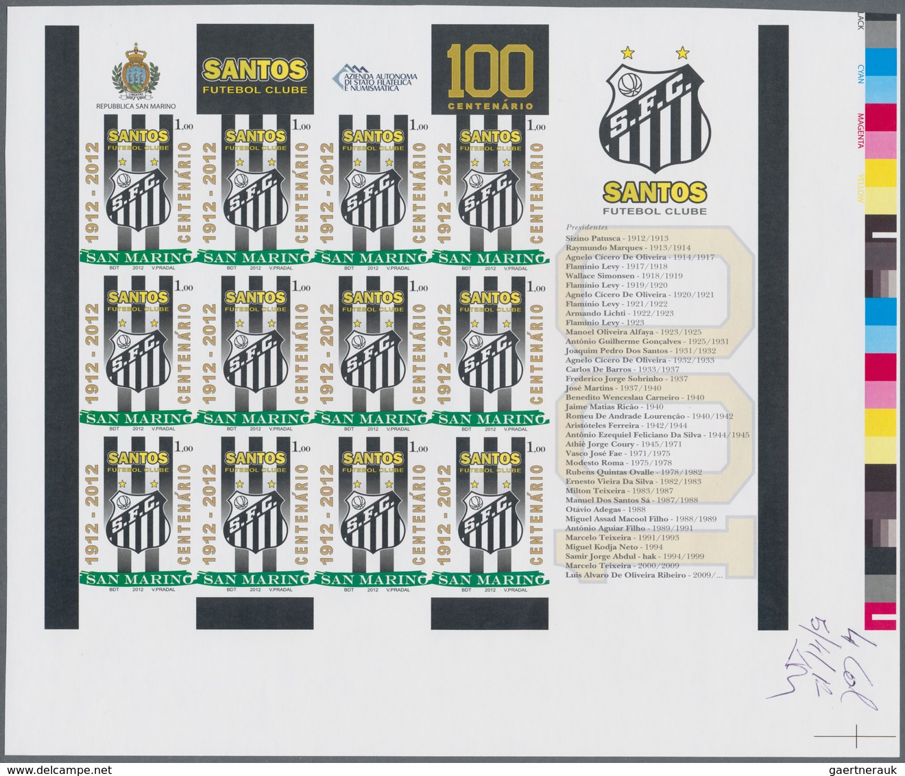 San Marino: 2012, 1.00€ "Football Club FC Santos", IMPERFORATE Proof Sheet Of Twelve Stamps With Tra - Other & Unclassified