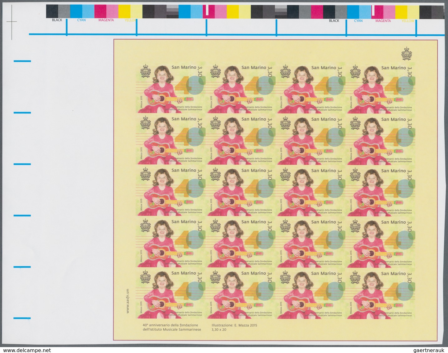 San Marino: 2015, 3.30€ "Music Institute", IMPERFORATE Proof Sheet Of 20 Stamps With Traffic Lights, - Andere & Zonder Classificatie