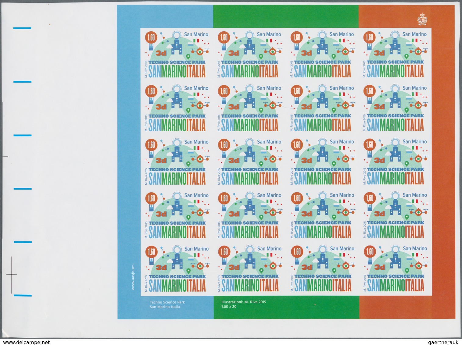 San Marino: 2015, Science/Technology, 1.60€+2.50€ Each As IMPERFORATE Proof Sheet Of 20 Stamps, Mint - Other & Unclassified