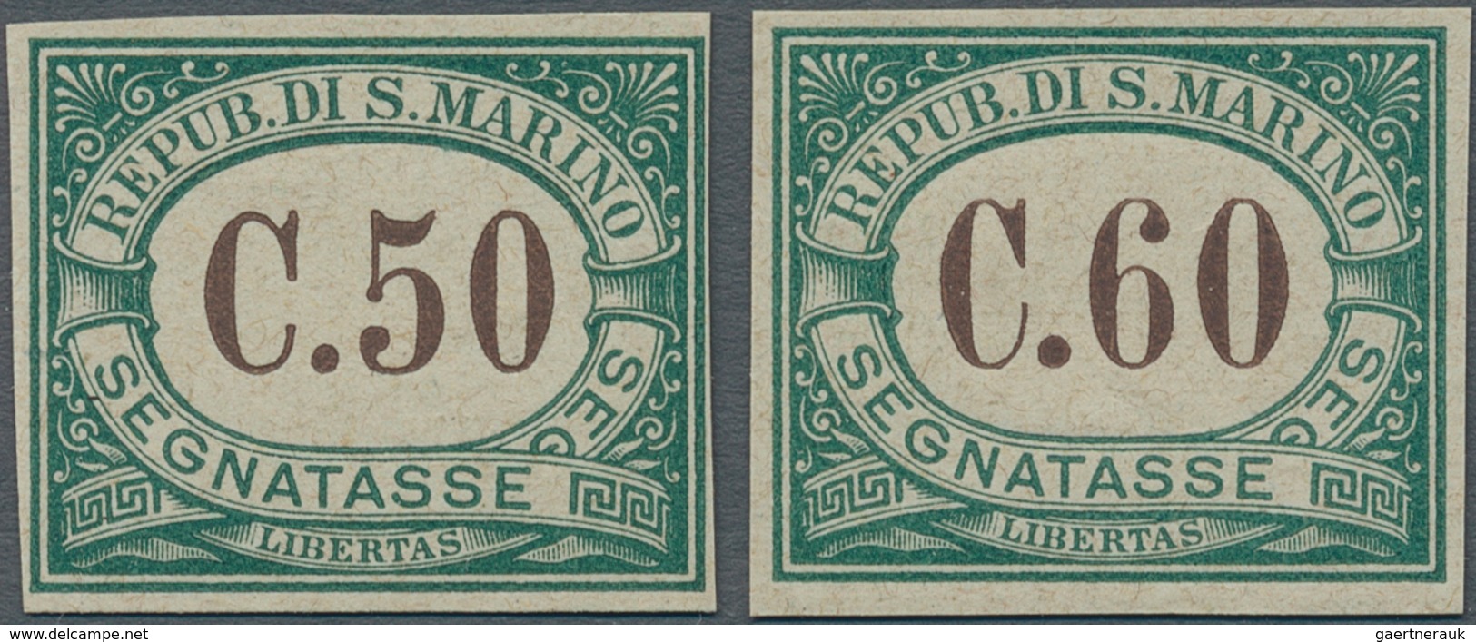 San Marino - Portomarken: 1897, Postage Dues 50c. And 60c. Green/brown IMPERFORATE PROOFS On Ungumme - Postage Due